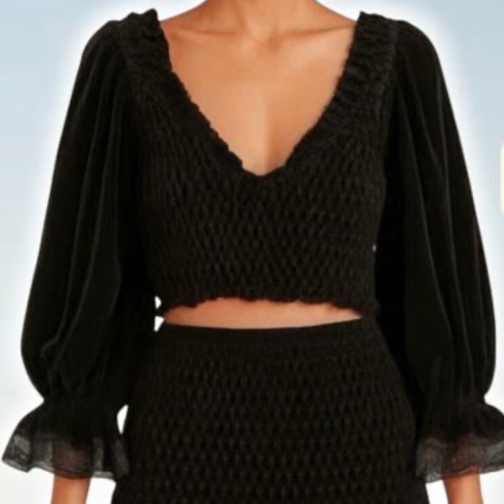 Free People Puff Sleeve Black Velvet Crop Top